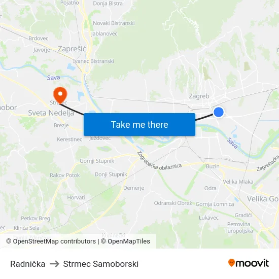 Radnička to Strmec Samoborski map