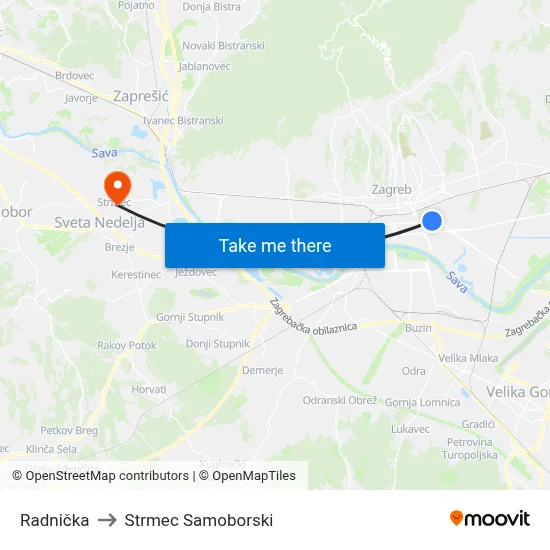 Radnička to Strmec Samoborski map