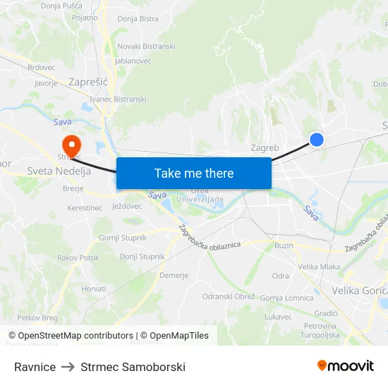 Ravnice to Strmec Samoborski map
