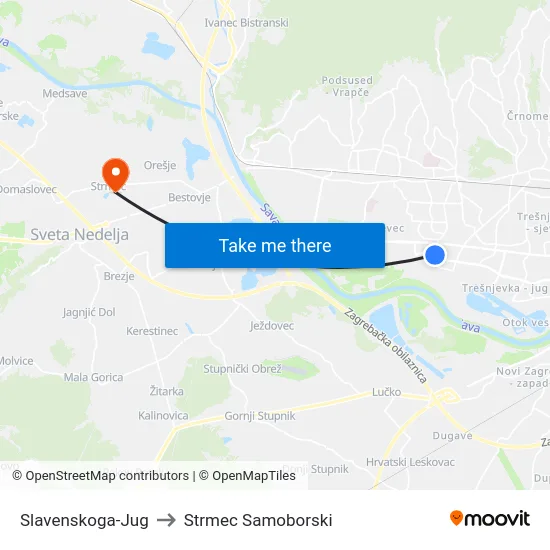 Slavenskoga-Jug to Strmec Samoborski map