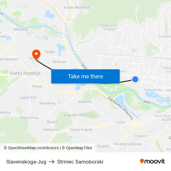Slavenskoga-Jug to Strmec Samoborski map