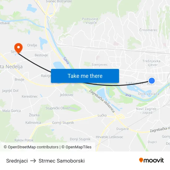 Srednjaci to Strmec Samoborski map