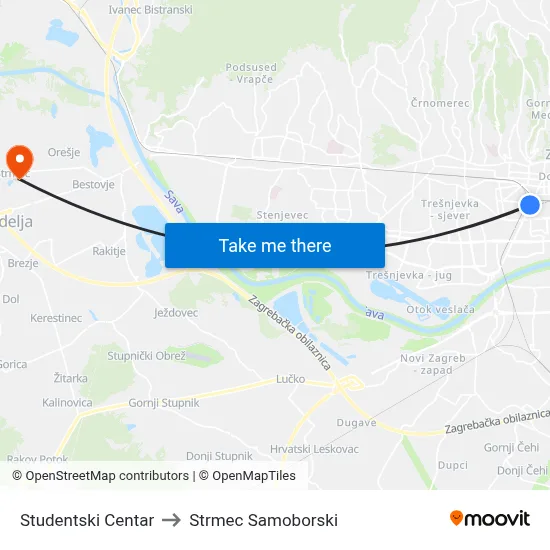 Studentski Centar to Strmec Samoborski map