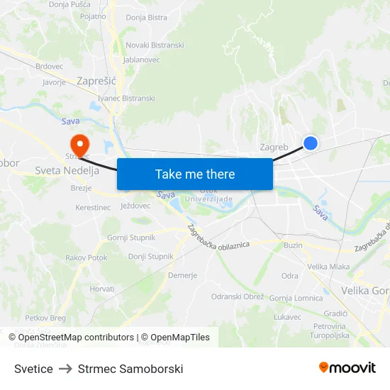 Svetice to Strmec Samoborski map