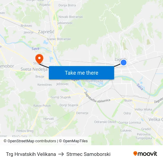 Trg Hrvatskih Velikana to Strmec Samoborski map