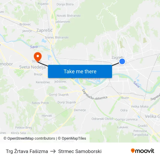 Trg Žrtava Fašizma to Strmec Samoborski map