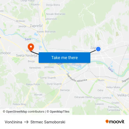 Vončinina to Strmec Samoborski map