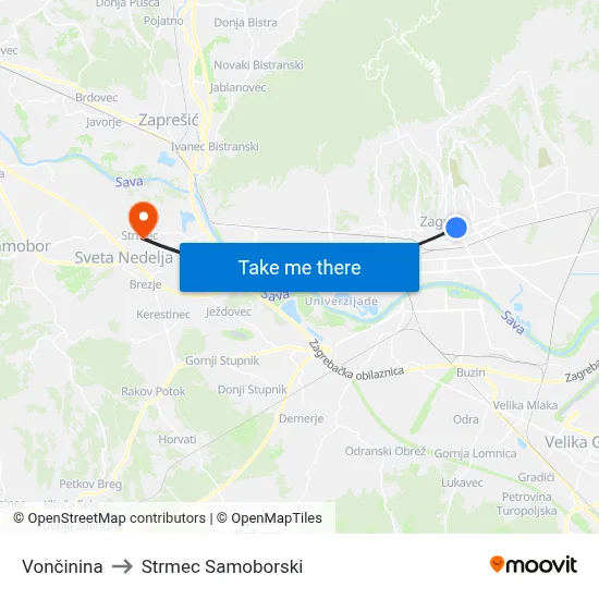 Vončinina to Strmec Samoborski map