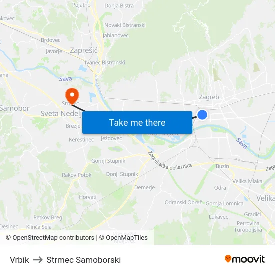 Vrbik to Strmec Samoborski map