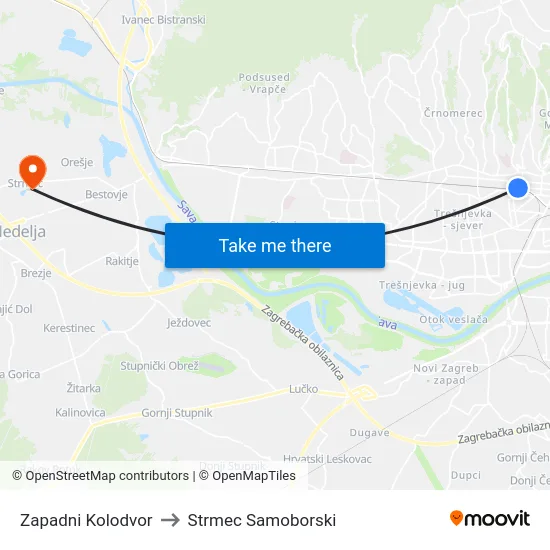 Zapadni Kolodvor to Strmec Samoborski map