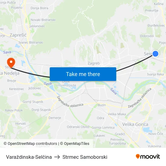 Varaždinska-Selčina to Strmec Samoborski map