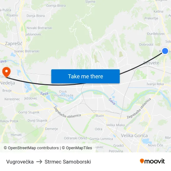 Vugrovečka to Strmec Samoborski map