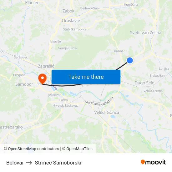 Belovar to Strmec Samoborski map
