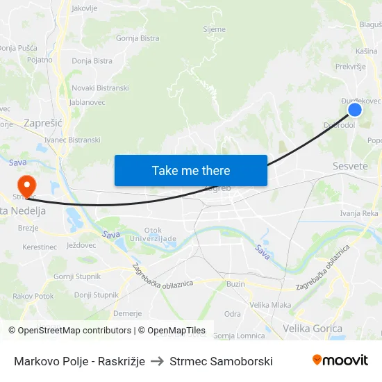 Markovo Polje - Raskrižje to Strmec Samoborski map