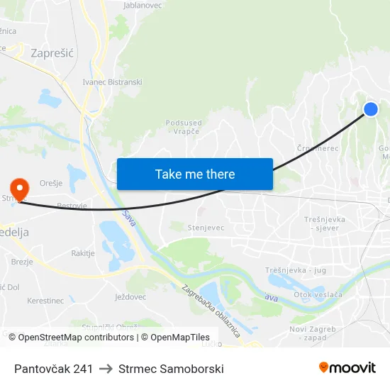Pantovčak 241 to Strmec Samoborski map