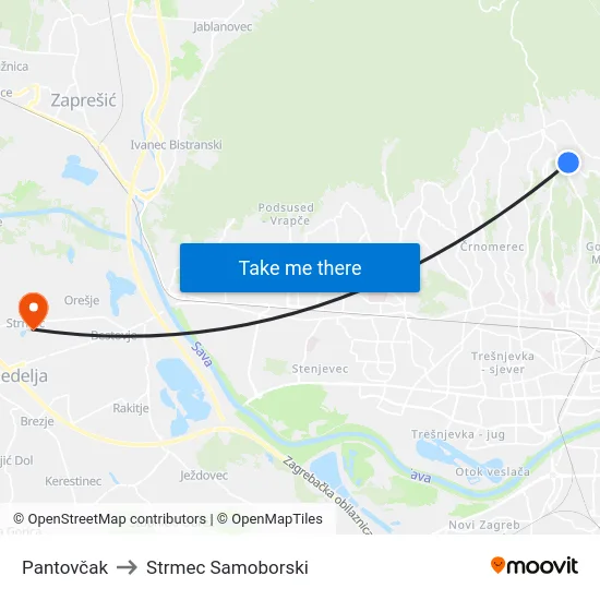 Pantovčak to Strmec Samoborski map