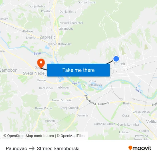 Paunovac to Strmec Samoborski map