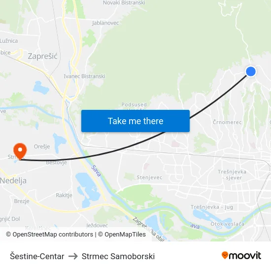 Šestine-Centar to Strmec Samoborski map