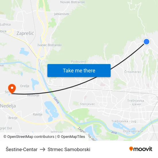 Šestine-Centar to Strmec Samoborski map