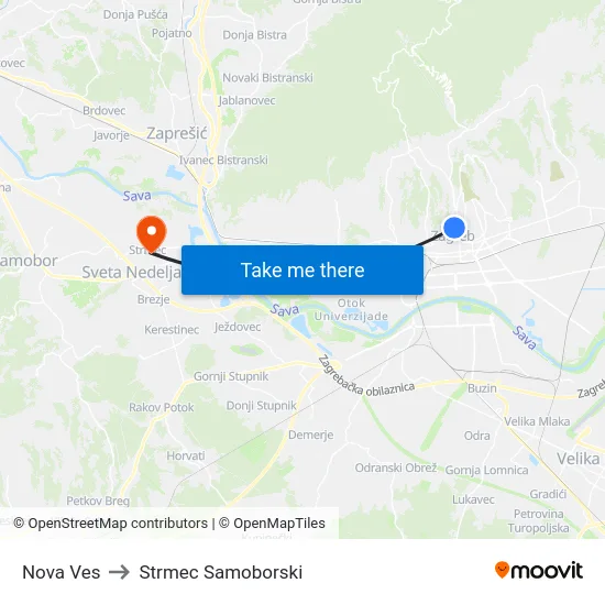 Nova Ves to Strmec Samoborski map