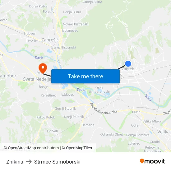 Znikina to Strmec Samoborski map