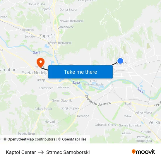 Kaptol Centar to Strmec Samoborski map