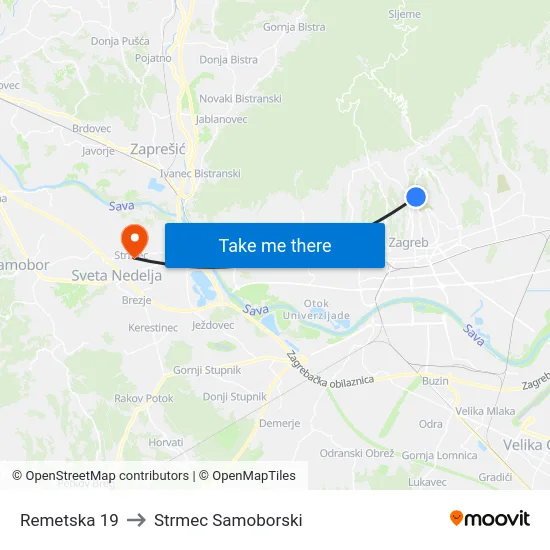 Remetska 19 to Strmec Samoborski map