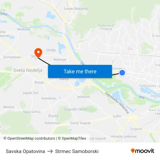 Savska Opatovina to Strmec Samoborski map