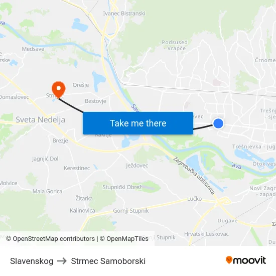 Slavenskog to Strmec Samoborski map