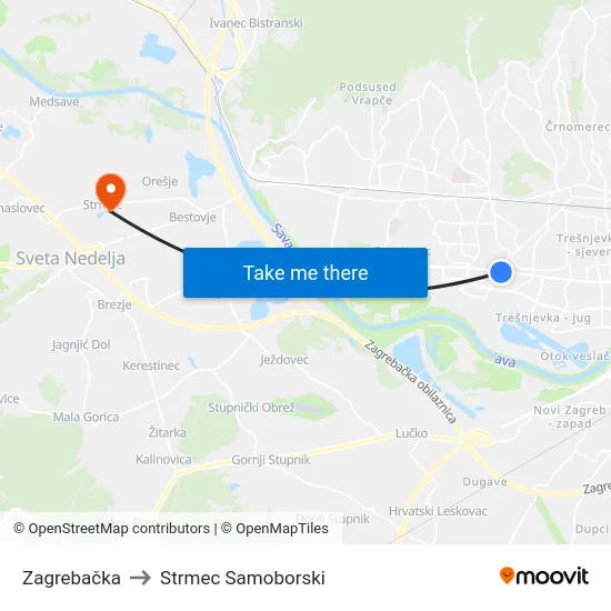 Zagrebačka to Strmec Samoborski map