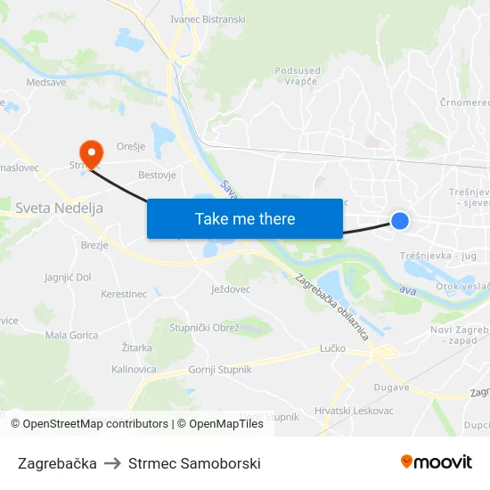 Zagrebačka to Strmec Samoborski map