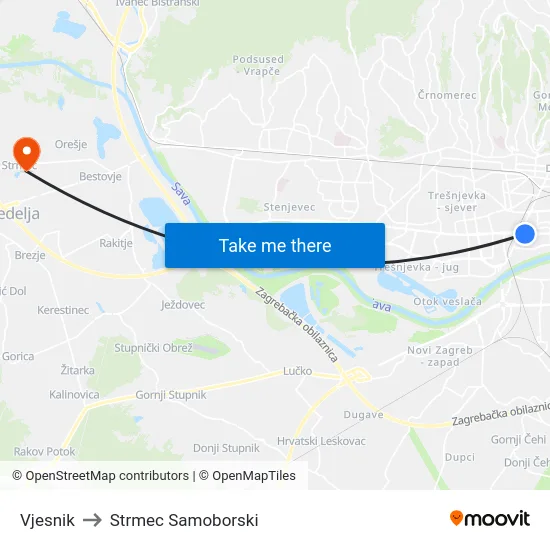 Vjesnik to Strmec Samoborski map