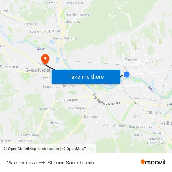 Marohnićeva to Strmec Samoborski map