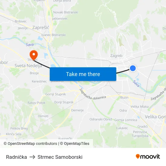 Radnička to Strmec Samoborski map