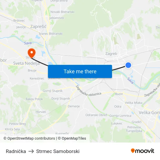 Radnička to Strmec Samoborski map