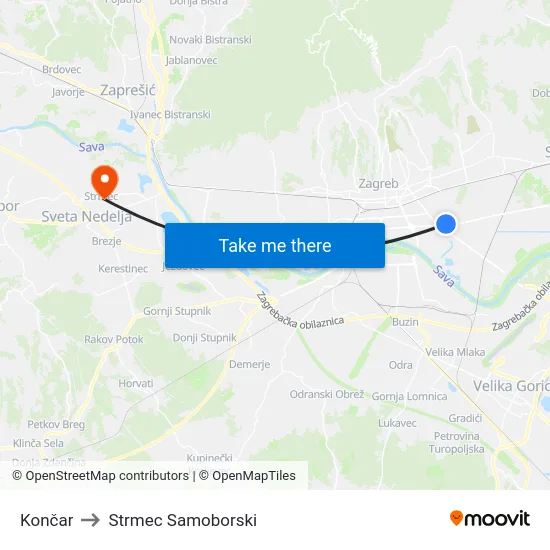 Končar to Strmec Samoborski map
