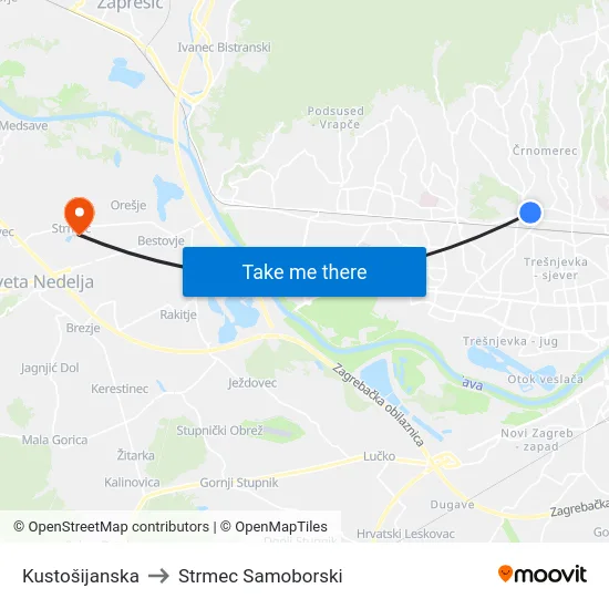 Kustošijanska to Strmec Samoborski map