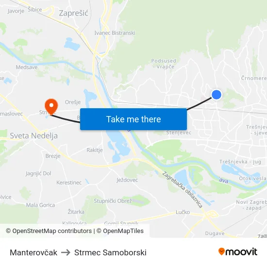 Manterovčak to Strmec Samoborski map