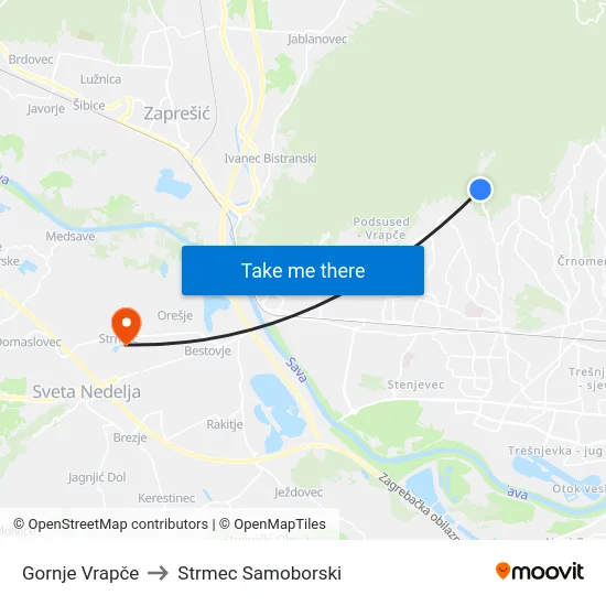Gornje Vrapče to Strmec Samoborski map