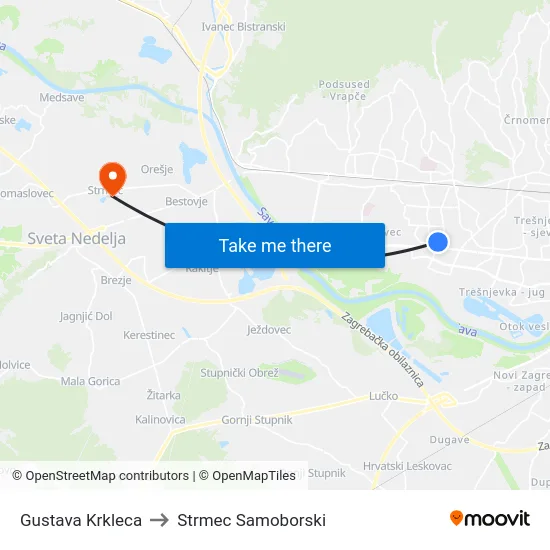 Gustava Krkleca to Strmec Samoborski map