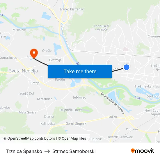 Tržnica Špansko to Strmec Samoborski map