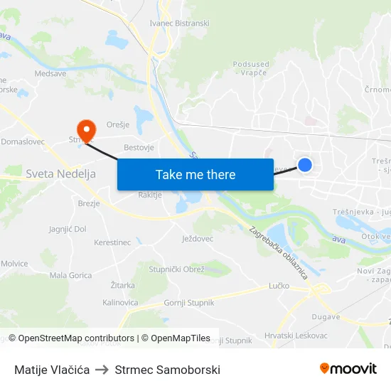 Matije Vlačića to Strmec Samoborski map