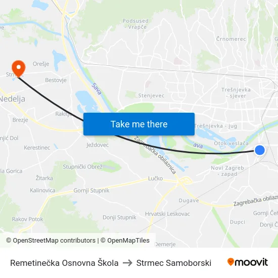 Remetinečka Osnovna Škola to Strmec Samoborski map