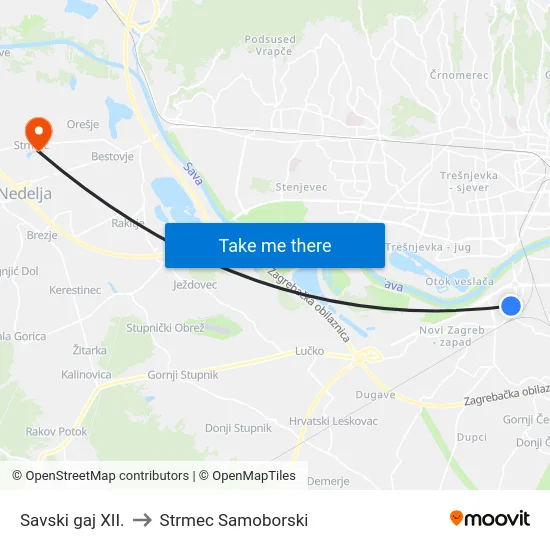 Savski gaj XII. to Strmec Samoborski map