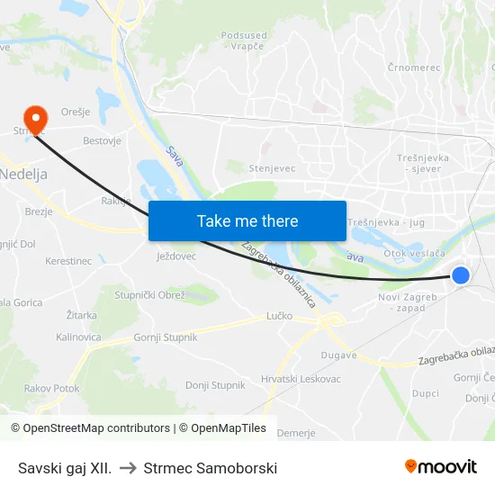 Savski gaj XII. to Strmec Samoborski map