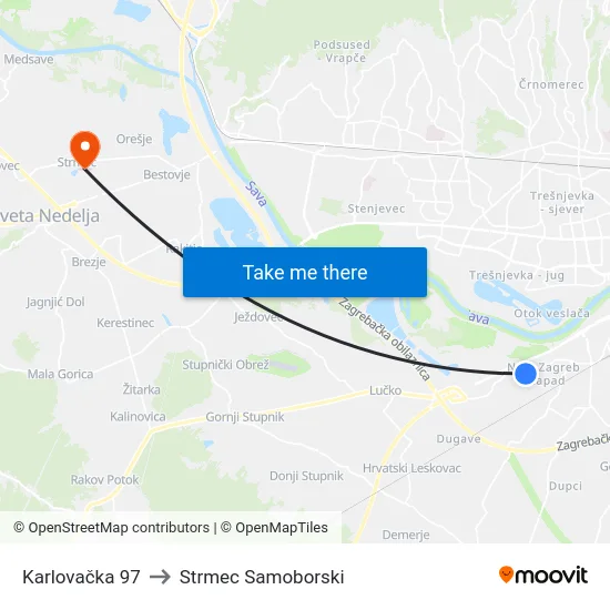 Karlovačka 97 to Strmec Samoborski map