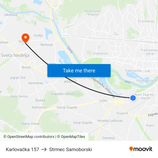 Karlovačka 157 to Strmec Samoborski map