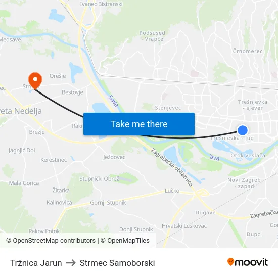 Tržnica Jarun to Strmec Samoborski map