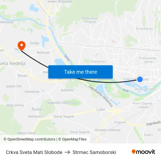 Crkva Sveta Mati Slobode to Strmec Samoborski map