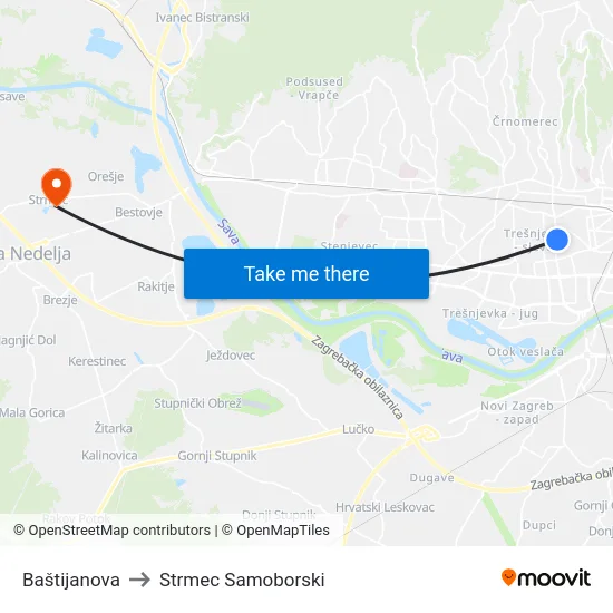 Baštijanova to Strmec Samoborski map